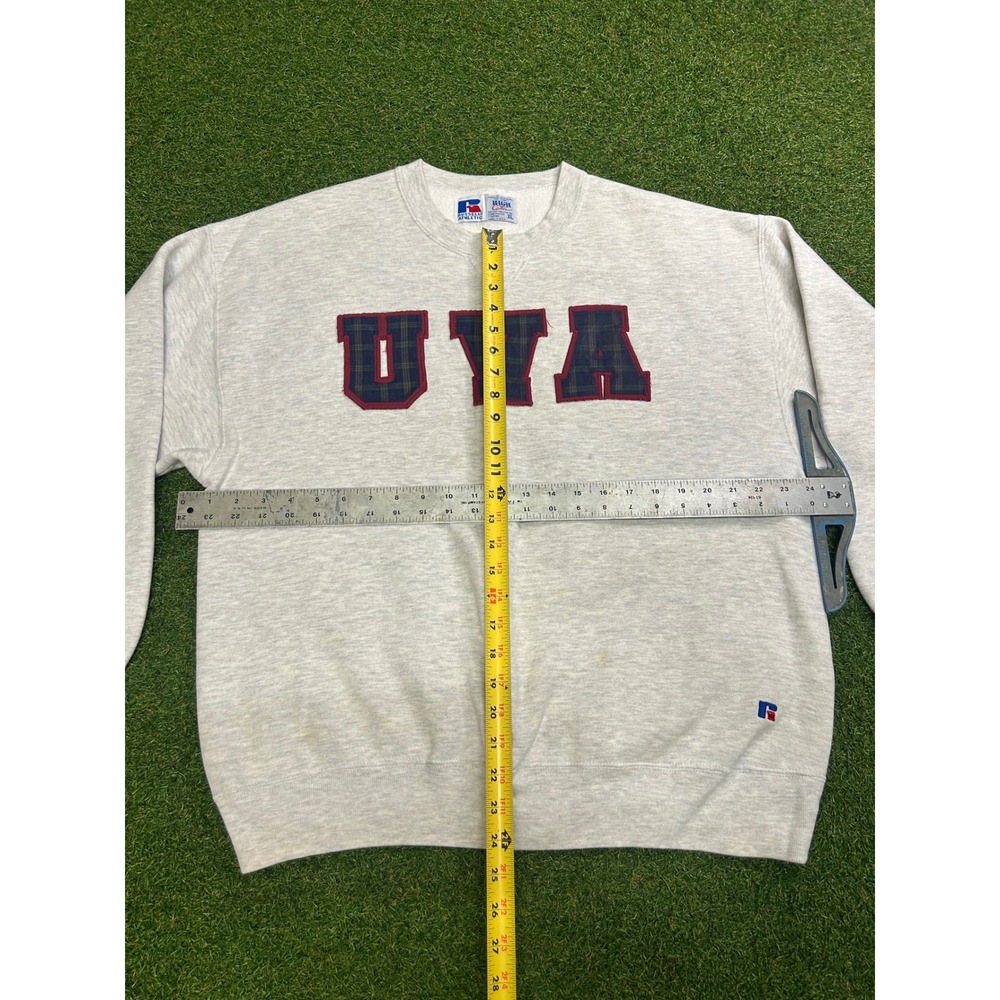 Vintage Russell Athletic UVA Sweatshirt XL Grey Plaid Applique Made in USA 90s - Picture 7 of 8